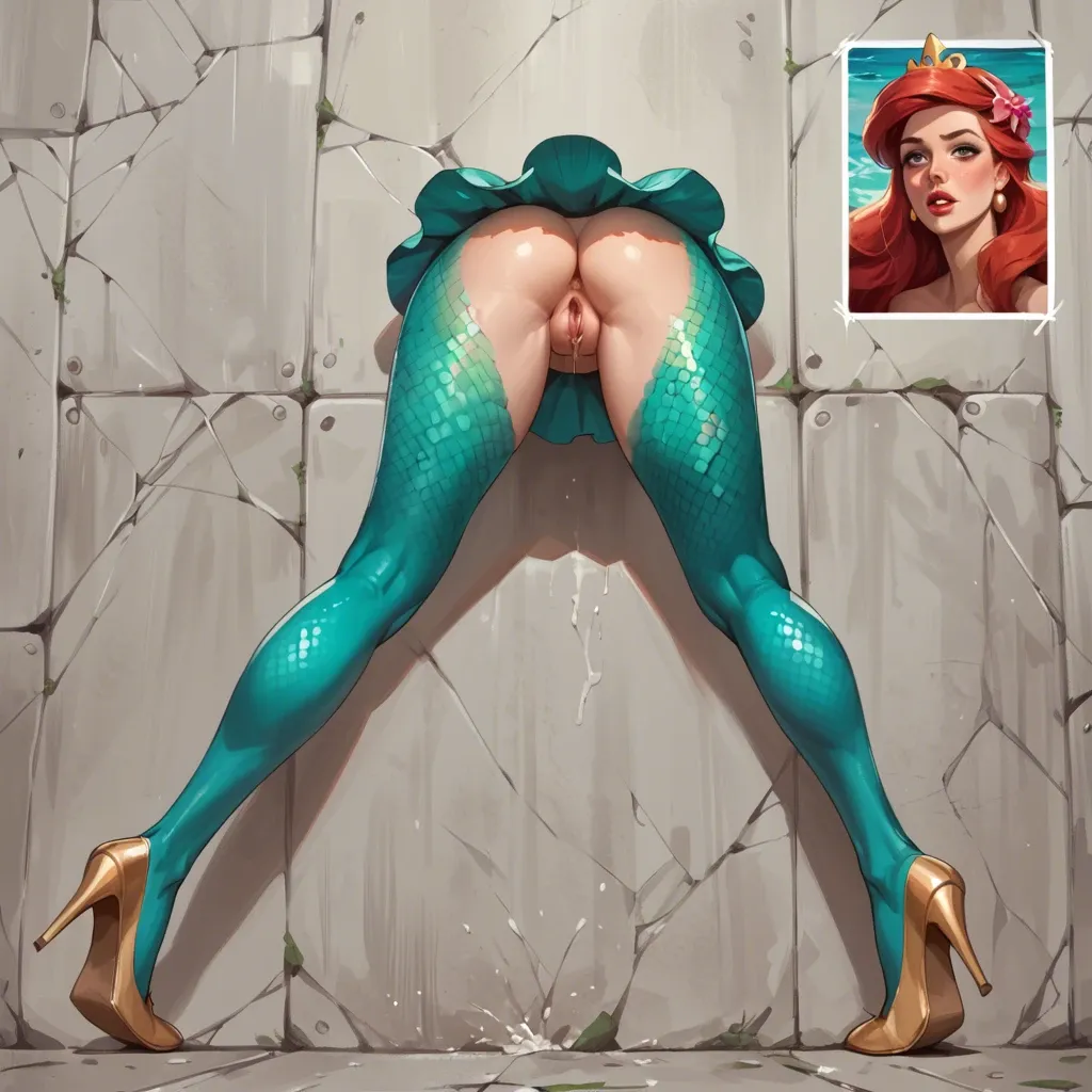 Disney Princess Ariel Mermaid fish legs wall pussy-butt comic with face images above pussy-butts in wall