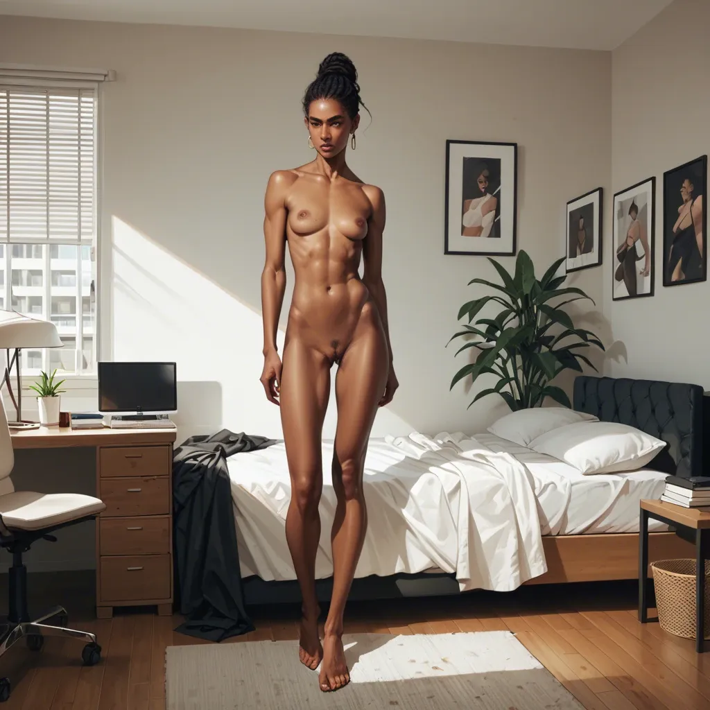 Apartment, dark Hair, dark skin, petite, skinny, Standing, hands