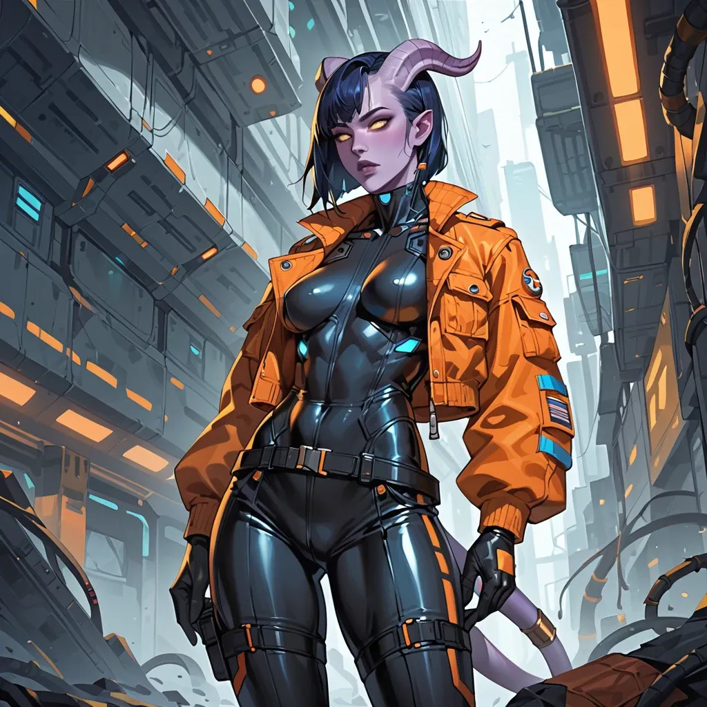 Fully clothed body - She wears futuristic clothes, jumpsuit, futuristic pilot outfit, bomber jacket with orange color, cargo pants with orange color, belts, black bodysuit under clothing futuristic draenei girl with purple skin, black-blue hair and horns, skinny, big breasts. sitting in spaceship pilot's chair. armed. Fully clothed torso, fully clothed chest