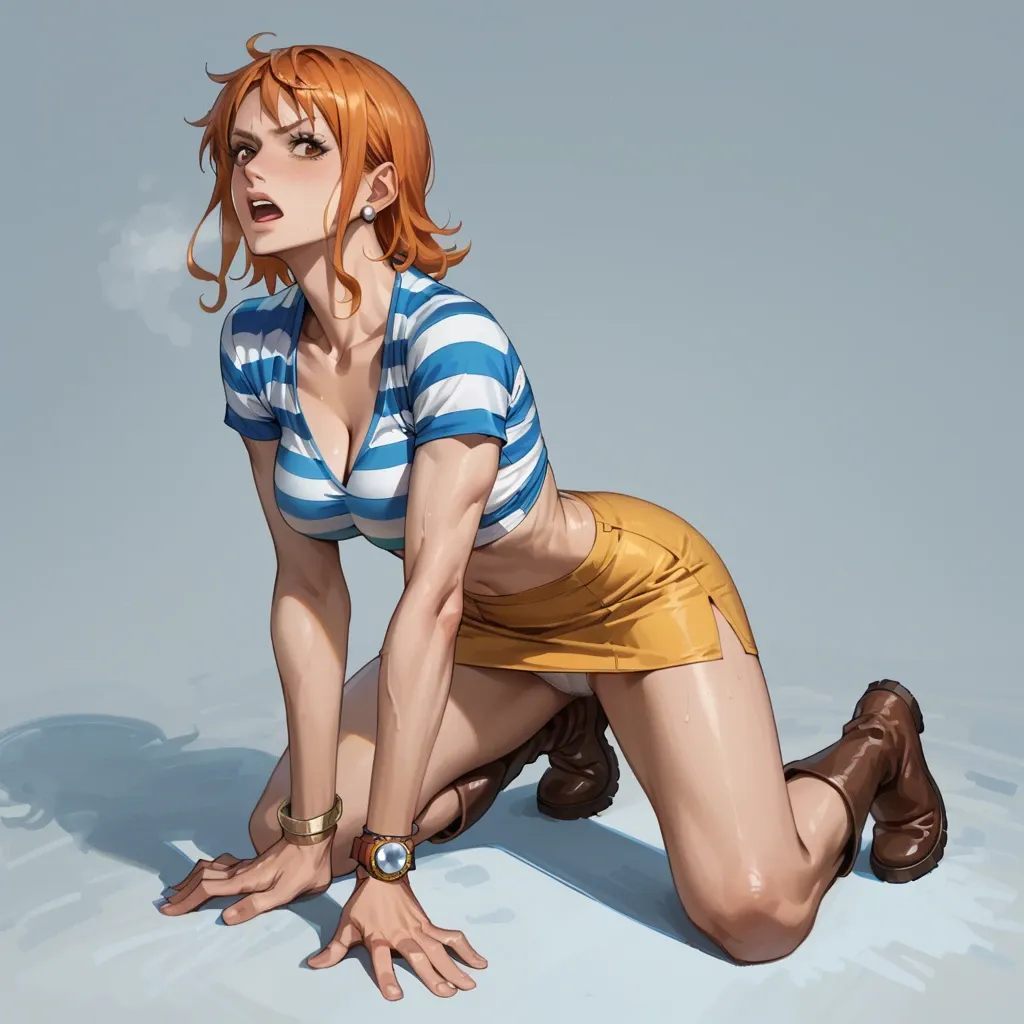 Nami one piece, pre timeskip, bob hair, blue white striped cropped shirt, yellow skirt, white panties, brown boots, on knees, jerk off, muscular old japanese man, dick