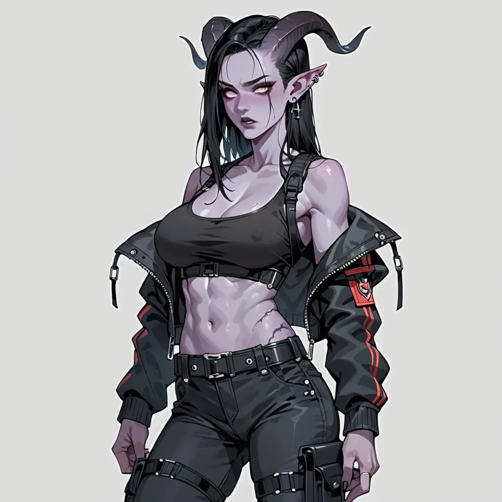 young gothic futuristic tiefling with purple skin, black hair and black horns, skinny body with big breasts. black sport undershirt, cargo pants with belt, jacket, a bat in the hand