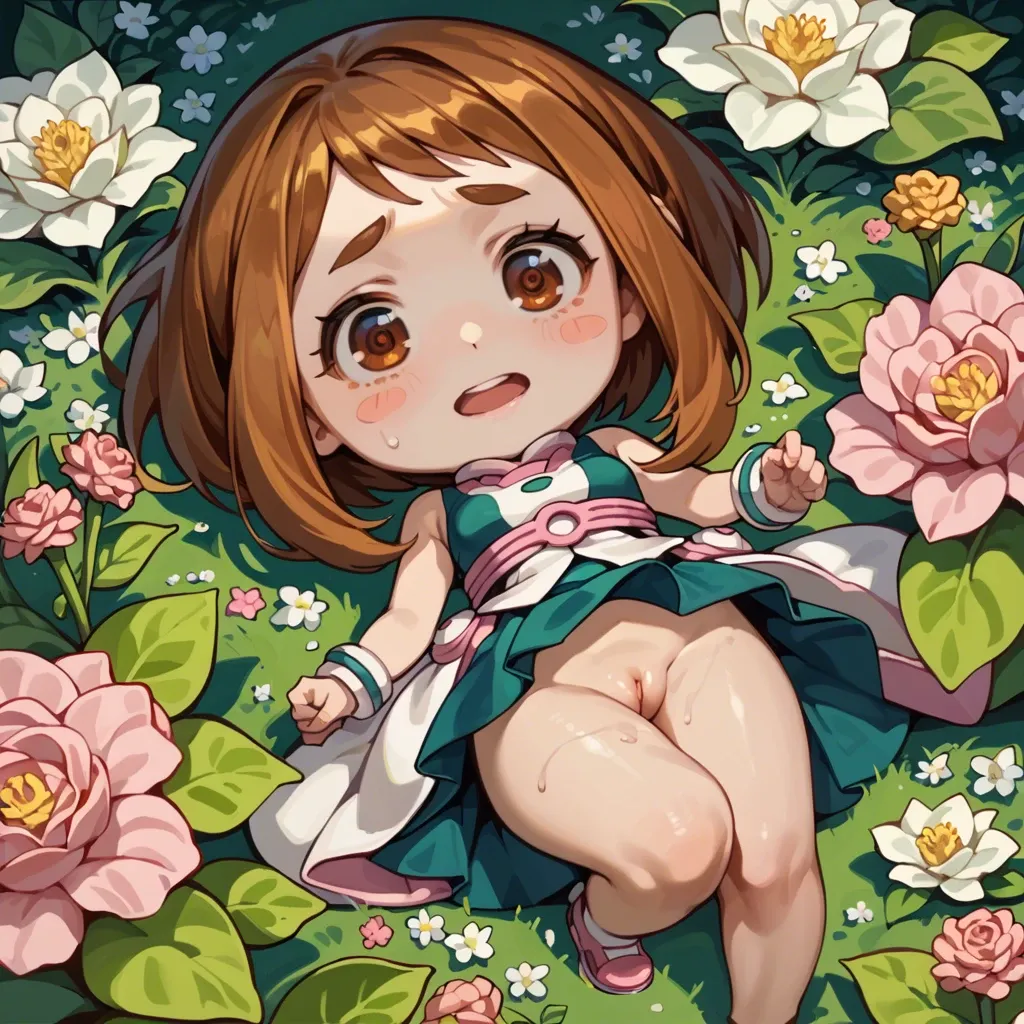 Ochako Uraraka, chibi, petite, dressed, no nude, candy expression, garden with flowers