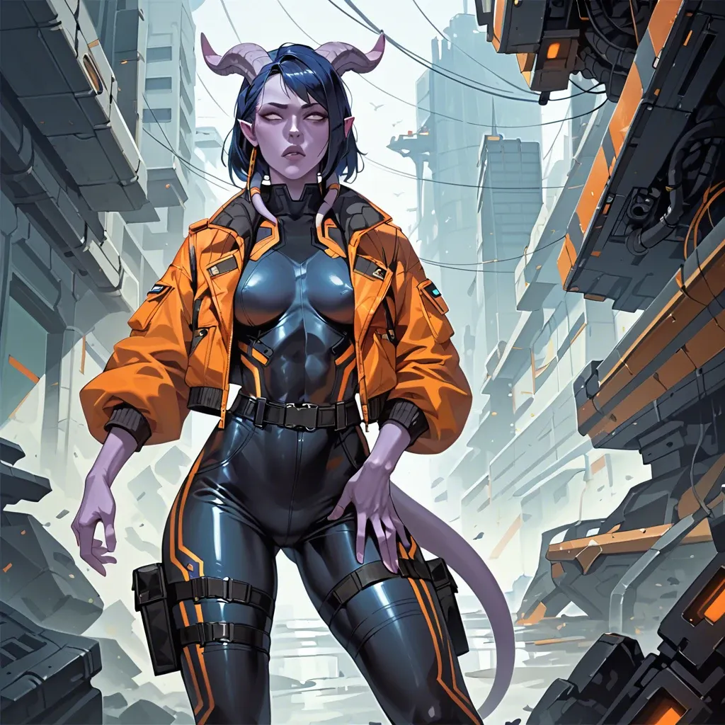 Fully clothed body - She wears futuristic clothes, jumpsuit, futuristic pilot outfit, bomber jacket with orange color, cargo pants with orange color, belts, black bodysuit under clothing futuristic draenei girl with purple skin, black-blue hair and horns, skinny, big breasts. sitting in spaceship pilot's chair. armed. Fully clothed torso, fully clothed chest