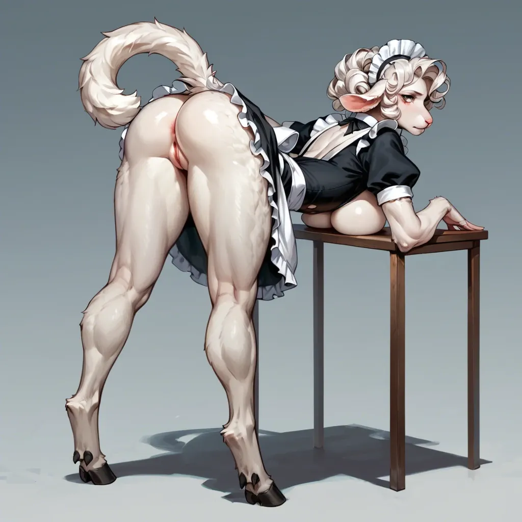 Furry, girl, anthropomorphic sheep, tall ,  abs, big breasts, white fur, hooves, maid clothes, long curly white hair, stands bent over, rear view, pussy visible