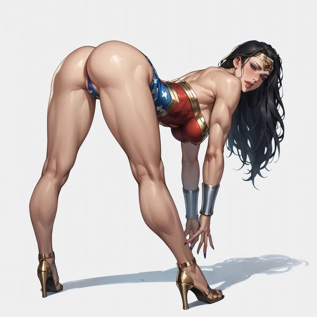 Wonder Woman, anime art style, Egyptian, arched back, bending over, ass focus, large ass, athletic, long legs, thick thighs, painted nails, naughty face,