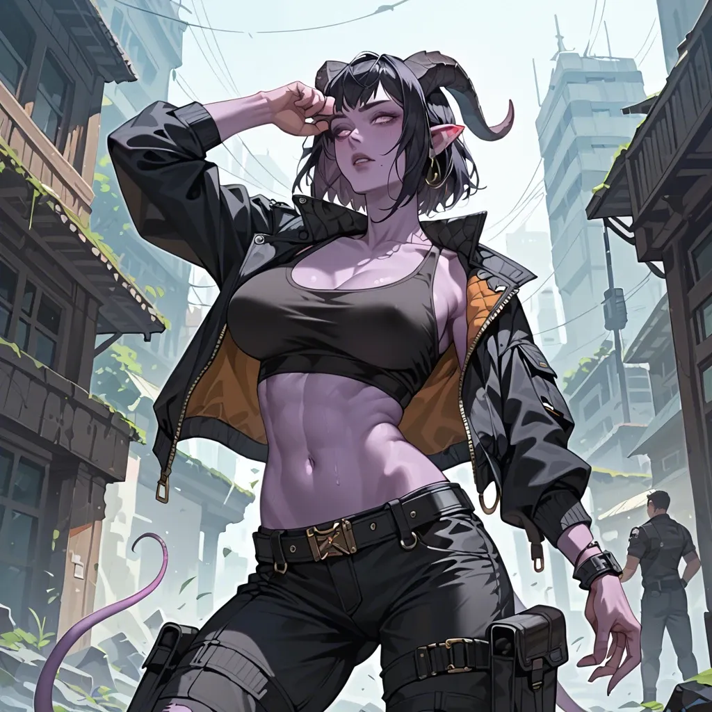 young futuristic tiefling with purple skin, black hair and black horns, skinny body with big breasts. black sport top, cargo pants with belt, jacket, a bat in the hand