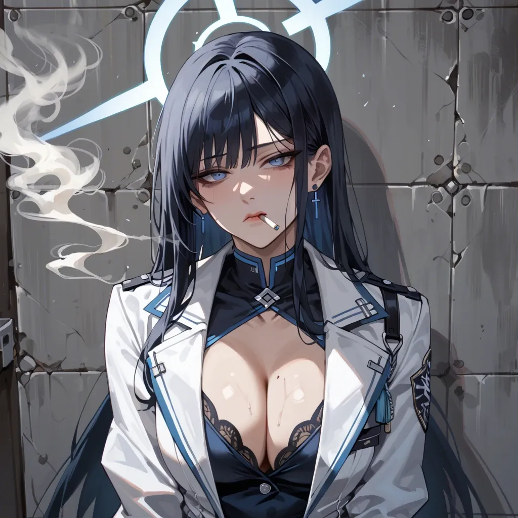 Saori, Blue Archive, leaning against wall, cleavage, expressionless, smoking a cigarette