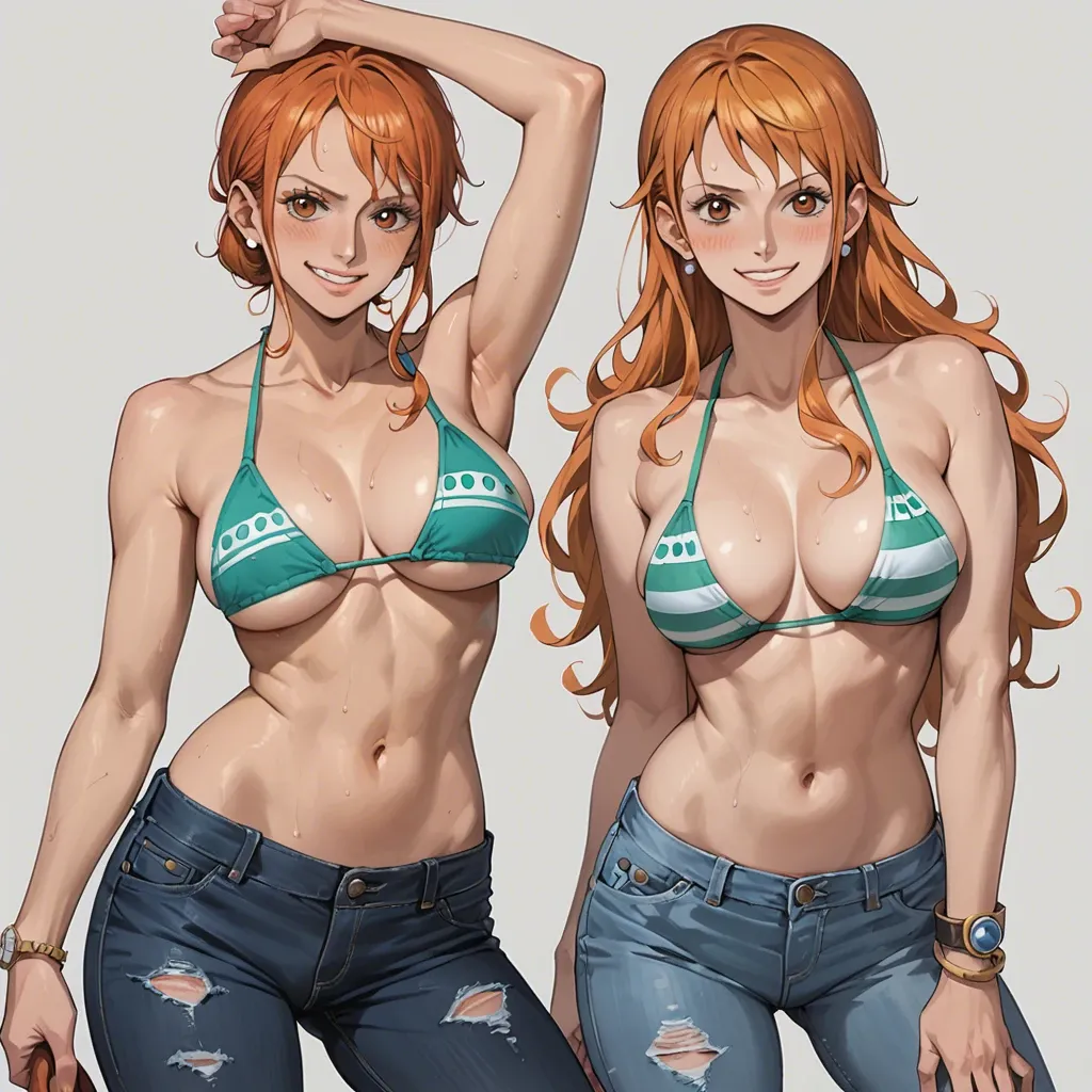 nami one piece, normal bikini, jeans pants, standing, posing, blush, happy expression, high quality, good lighting, cover image