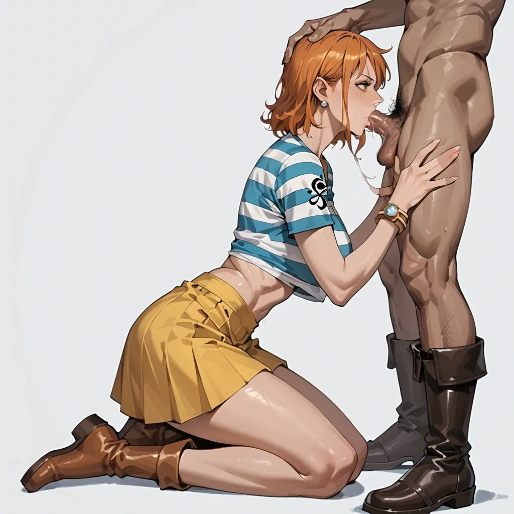 Nami one piece, pre timeskip, bob hair, blue white striped cropped shirt, yellow skirt, brown boots, on knees, character gray pubs old man,  close face view, massage dick handjob