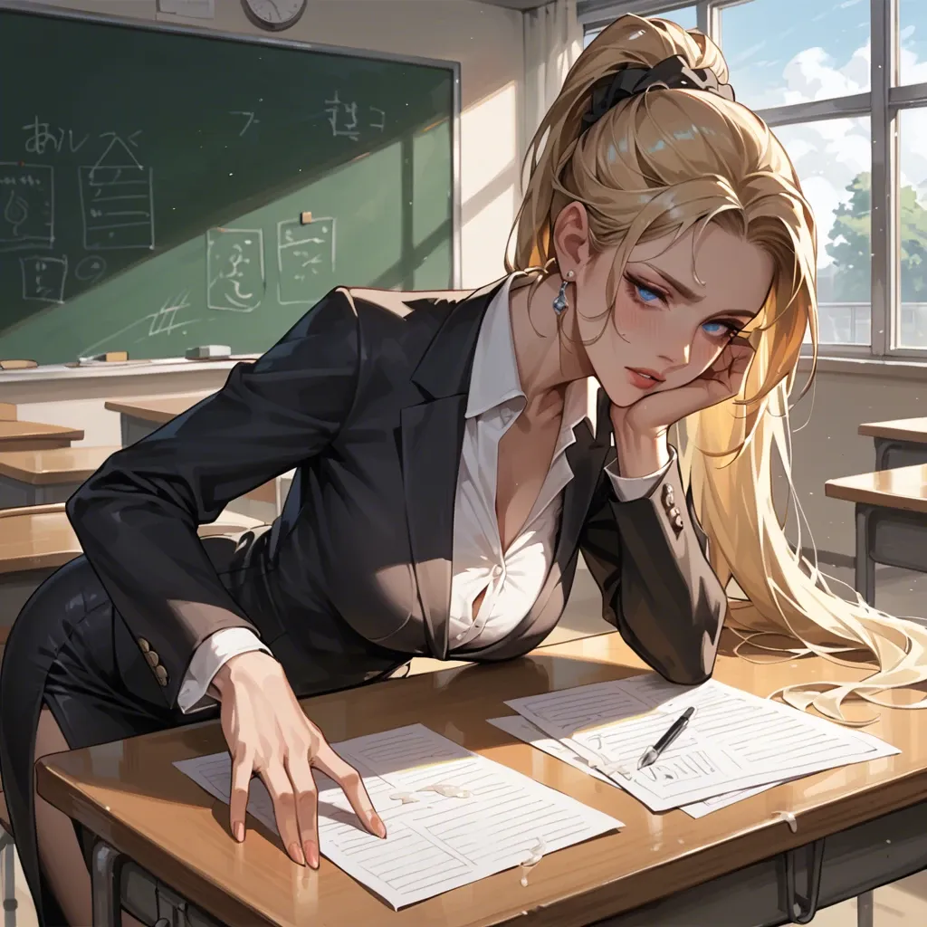 A blonde, blue eyed girl, she's extremely beautiful. Her hair is styled in a long ponytail, she's dressed in elegant clothes, she's a teacher, she's in a classroom, she has cum in her face