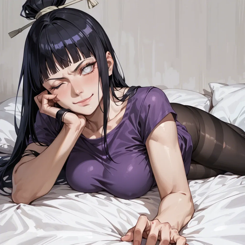 Hinata Hyuga (Naruto), hidden leaf heandband, white eyes, black leggings, purple blouse, straight long black hair, wink, smirk, seductive eyes, seductive pose, sexy pose, bedroom