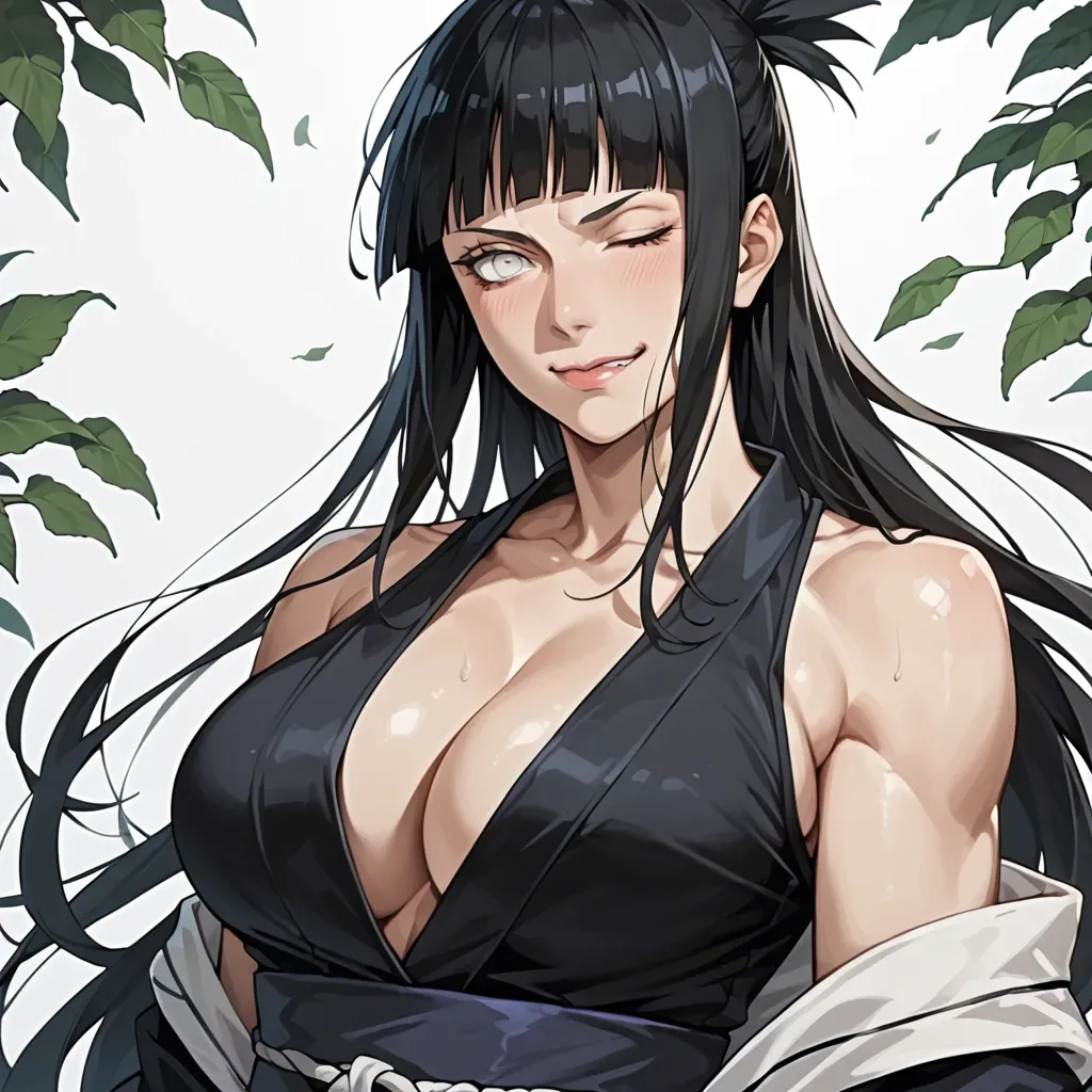 Hinata Hyuga (Naruto), voluptuous, hidden leaf heandband, white eyes, outfit, straight long black hair, wink, smirk, seductive eyes, seductive pose, sexy pose