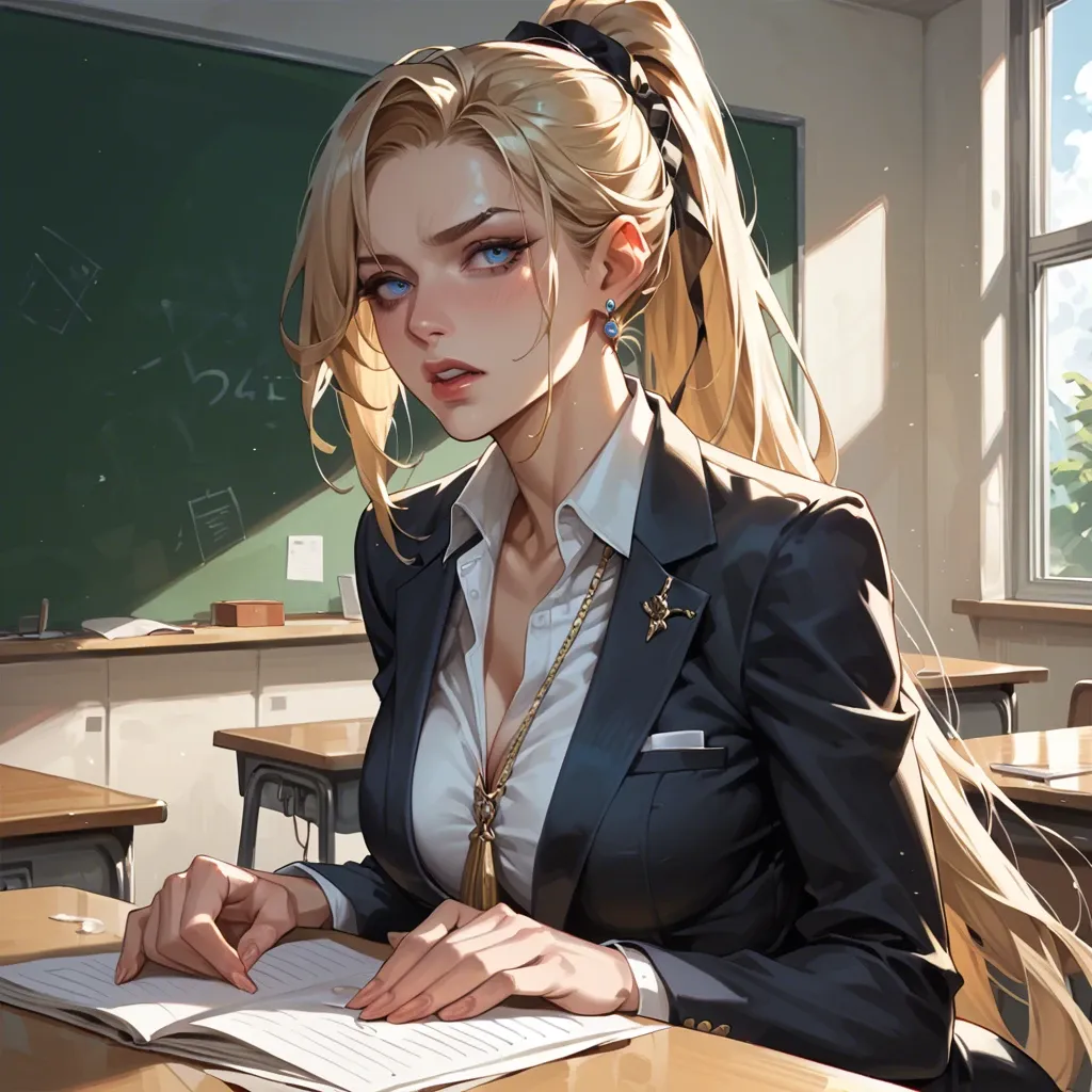 A blonde, blue eyed girl, she's extremely beautiful. Her hair is styled in a long ponytail, she's dressed in elegant clothes, she's a teacher, she's in a classroom, she has cum in her face