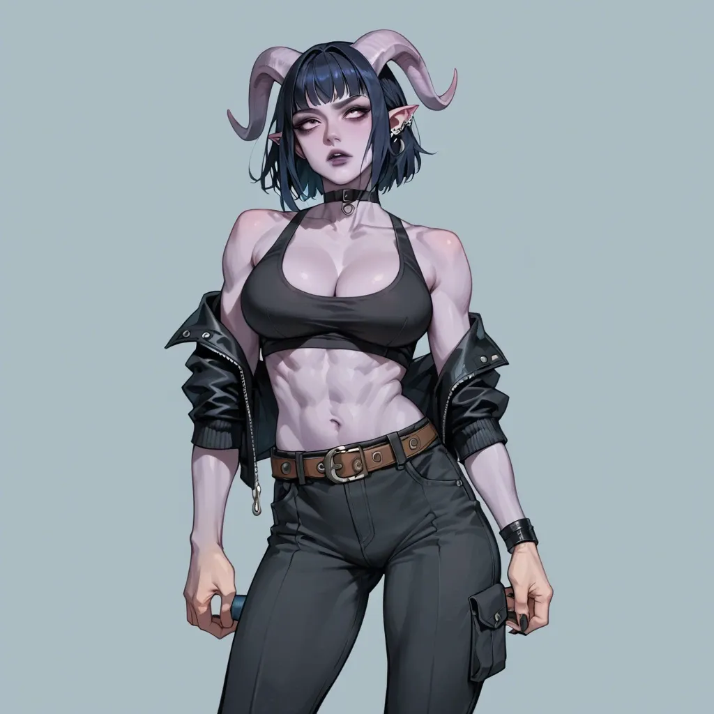 young gothic (but still cute) tiefling girl with purple skin and black-blue hair,  sport black shirt, cargo pants with belt, choker, jacket, perfect skinny body with big breasts, 3/4 view, she know martial arts