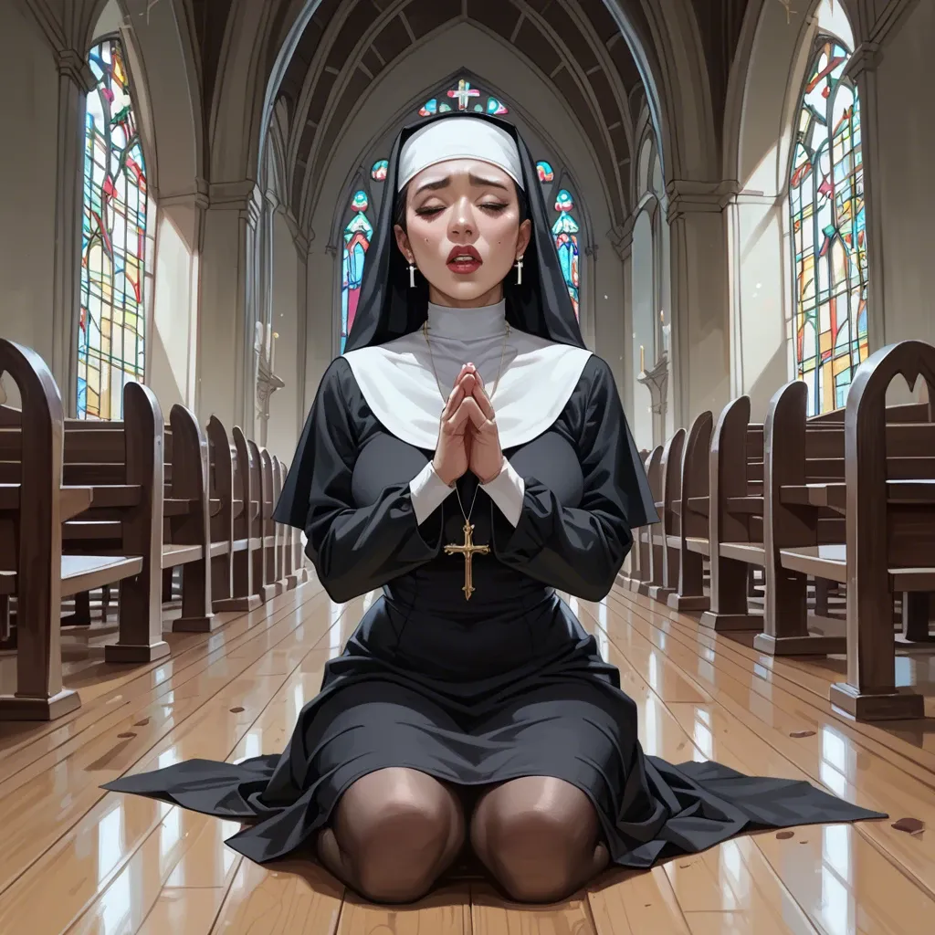 Asian Fuckdoll, confessional, nun black costume praying, church