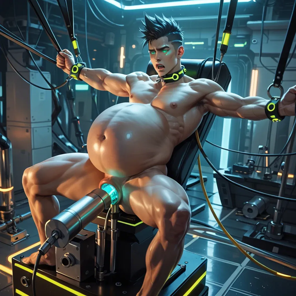 Male, solo, Asian, athletic, black hair, spiky hair, nude, hyper inflation, massive belly, glowing teal eyes, shock collar, whimpering, sci-fi room, machines, fucking machine, anal, bondage, chastity cage