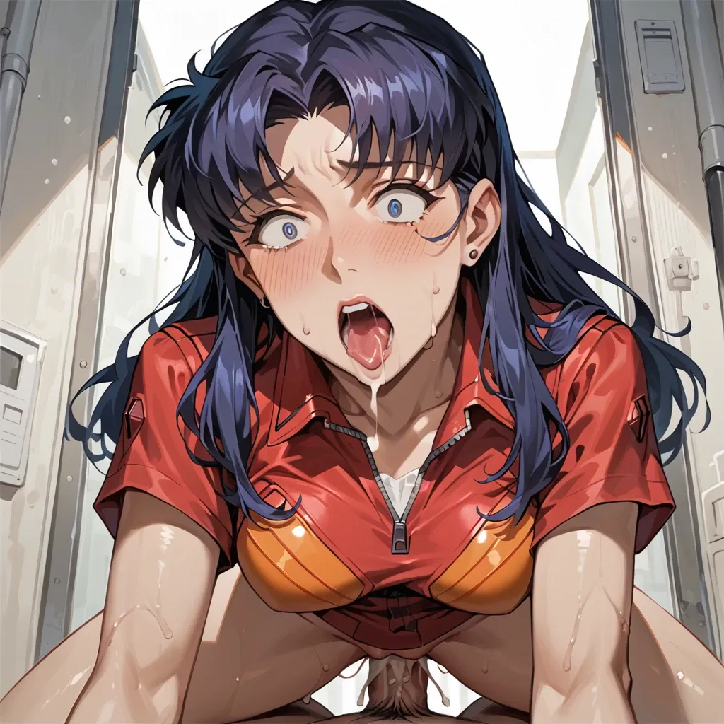 Evangelion's Katsuragi Misato has sex with a boy from behind with her huge penis during a Third New Tokyo and is inseminated with a large amount of semen.Misato Katsuragi with a shocked face,Clothed sex