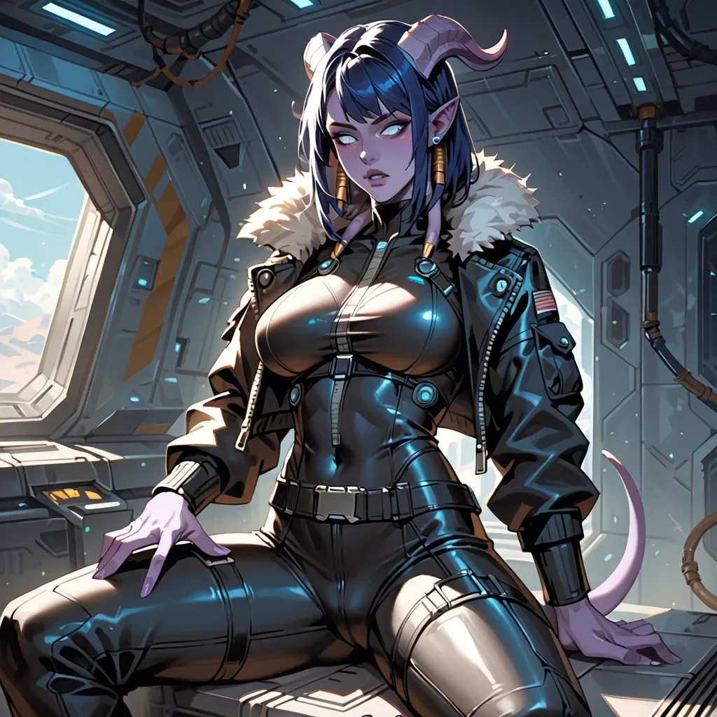 Fully clothed body - She wears futuristic clothes, jumpsuit, futuristic pilot outfit, bomber jacket, cargo pants, belts, black bodysuit under clothing futuristic draenei girl with purple skin, black-blue hair and horns, skinny, big breasts. sitting in spaceship pilot's chair. armed. Fully clothed torso, fully clothed chest