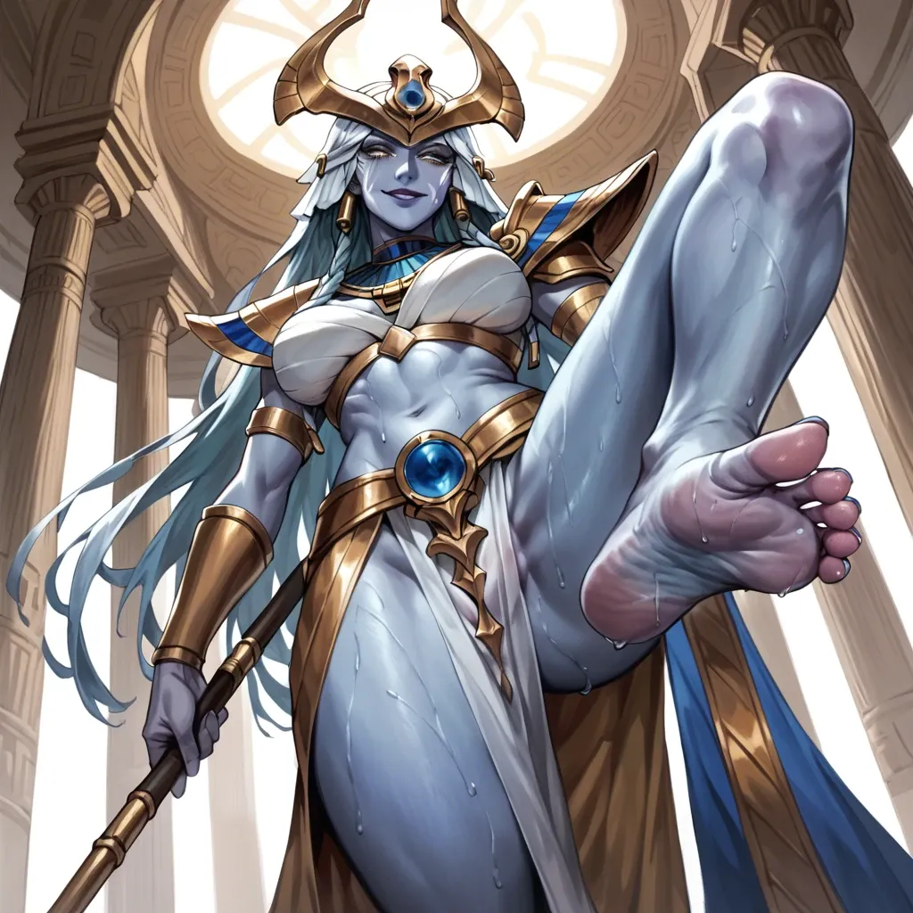 Lissandra blue skin league of legends, one leg raised foot fetish foot focus standing view from below detailed soles, soft smile, gentle smile, seductive eyes, head tilt, Egyptian, anime art style, long legs, thick thighs, sweaty, smirking, navel piercing, athletic, thin waist, foot focus, painted toenails, feet, nude, standing, high heels, knee up, foot fetish, anklet, jewellery,