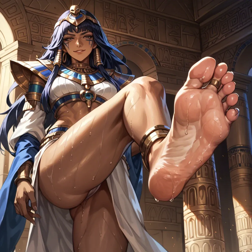 Nilah dark skin league of legends, one leg raised foot fetish foot focus standing view from below detailed soles, soft smile, gentle smile, seductive eyes, head tilt, Egyptian, anime art style, long legs, thick thighs, sweaty, smirking, navel piercing, athletic, thin waist, foot focus, painted toenails, feet, nude, standing, high heels, knee up, foot fetish, anklet, jewellery,