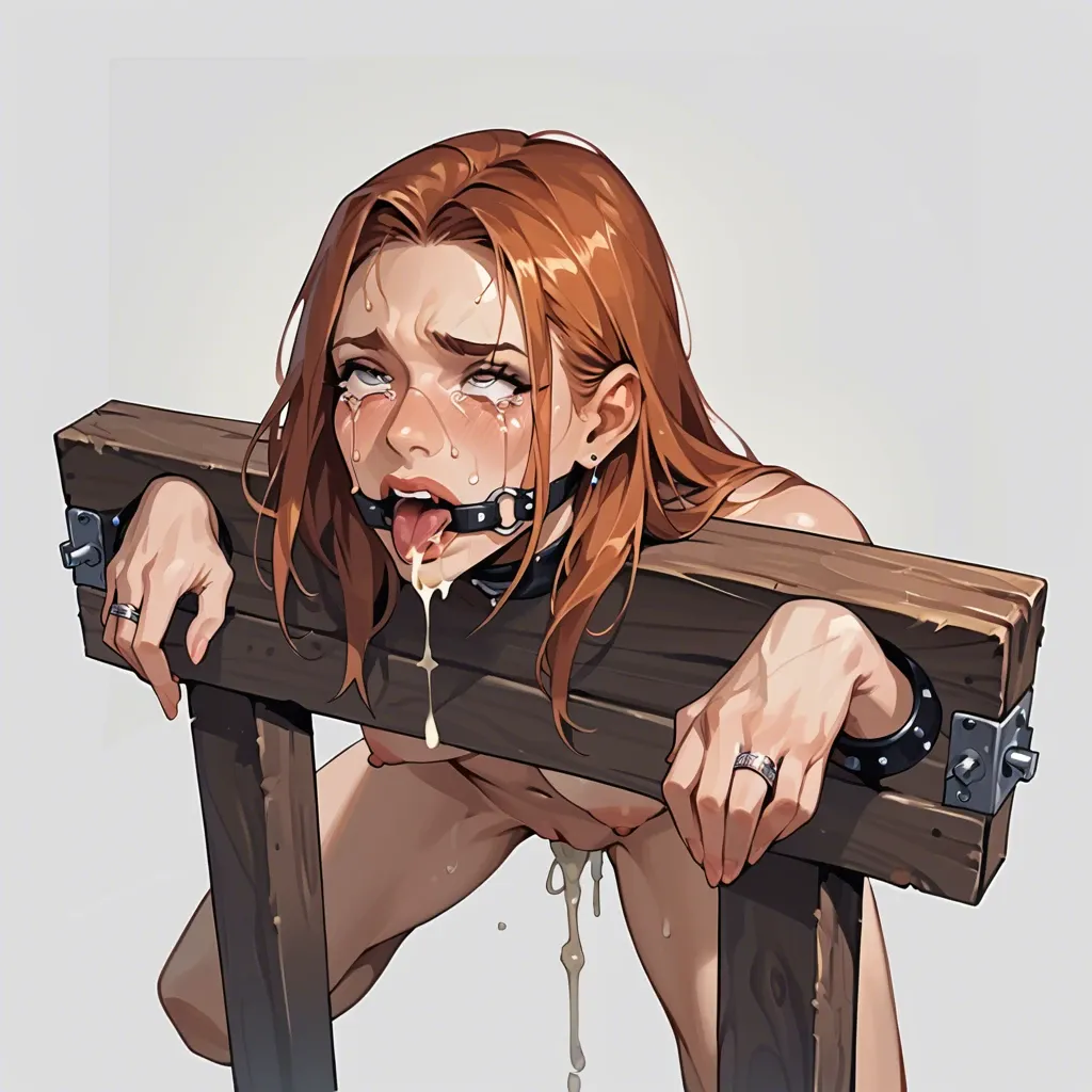 Ring gagged girl, restrained, pillory, cum In pussy, cum in ass, crying, round as, ahegao