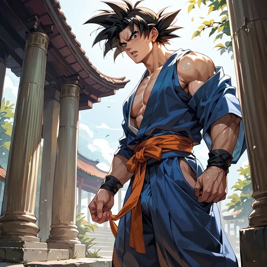 male goku tied to a column with a kimono