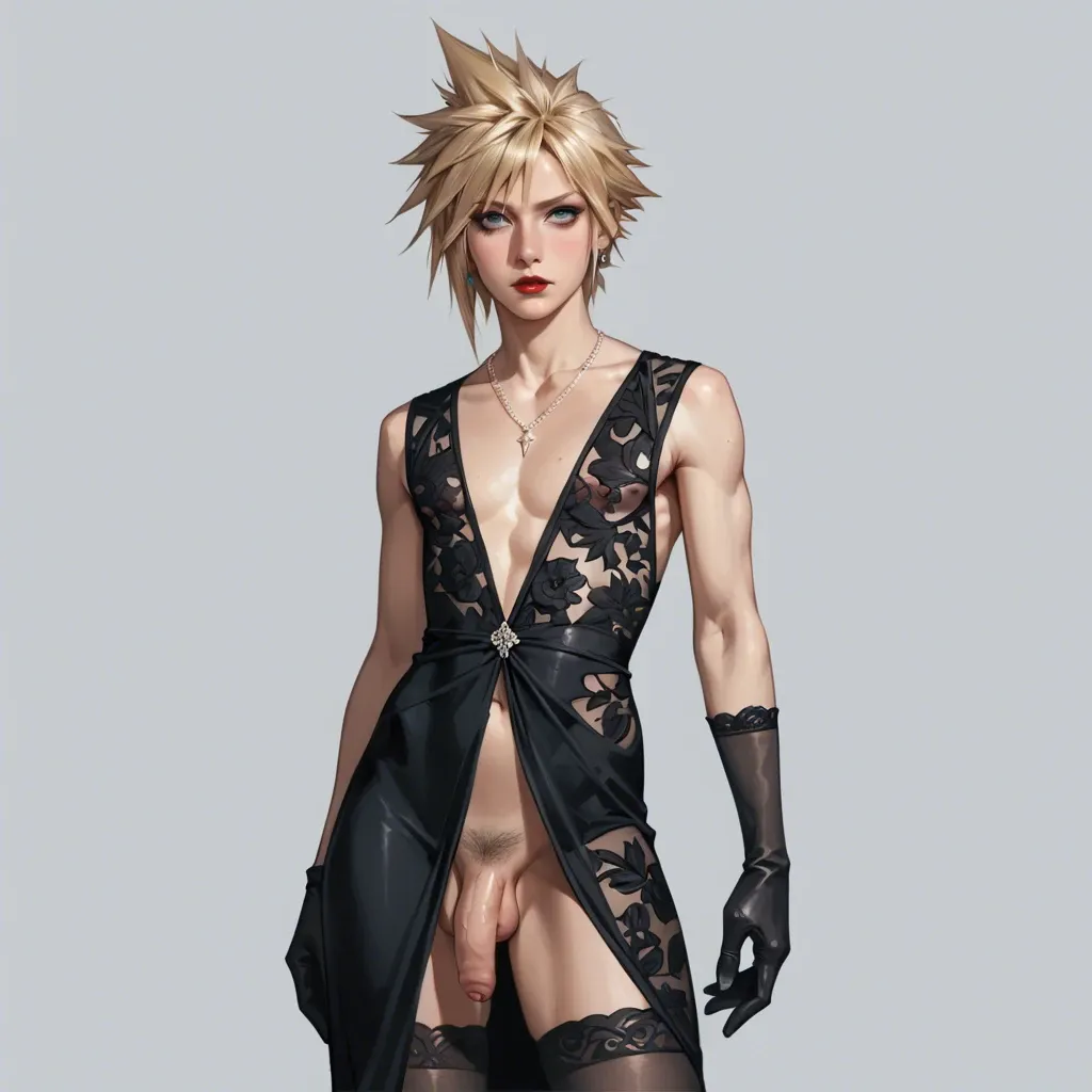 cloud strife, femboy, hairy, (long penis:1.2),  foreskin,  skinny, black silk dress, black silk gloves, black stockings, earing, necklace, makeup, red lipstick, flaccid,standing, arms on hips, serious face