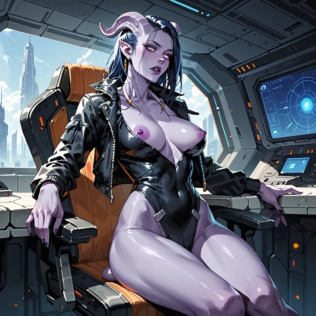 futuristic draenei girl with purple skin, black-blue hair and horns, skinny, big breasts. fully clothed body, futuristic clothes, bodysuit, buttoned up jacket, Spaceship setting, sitting in spaceship chair.