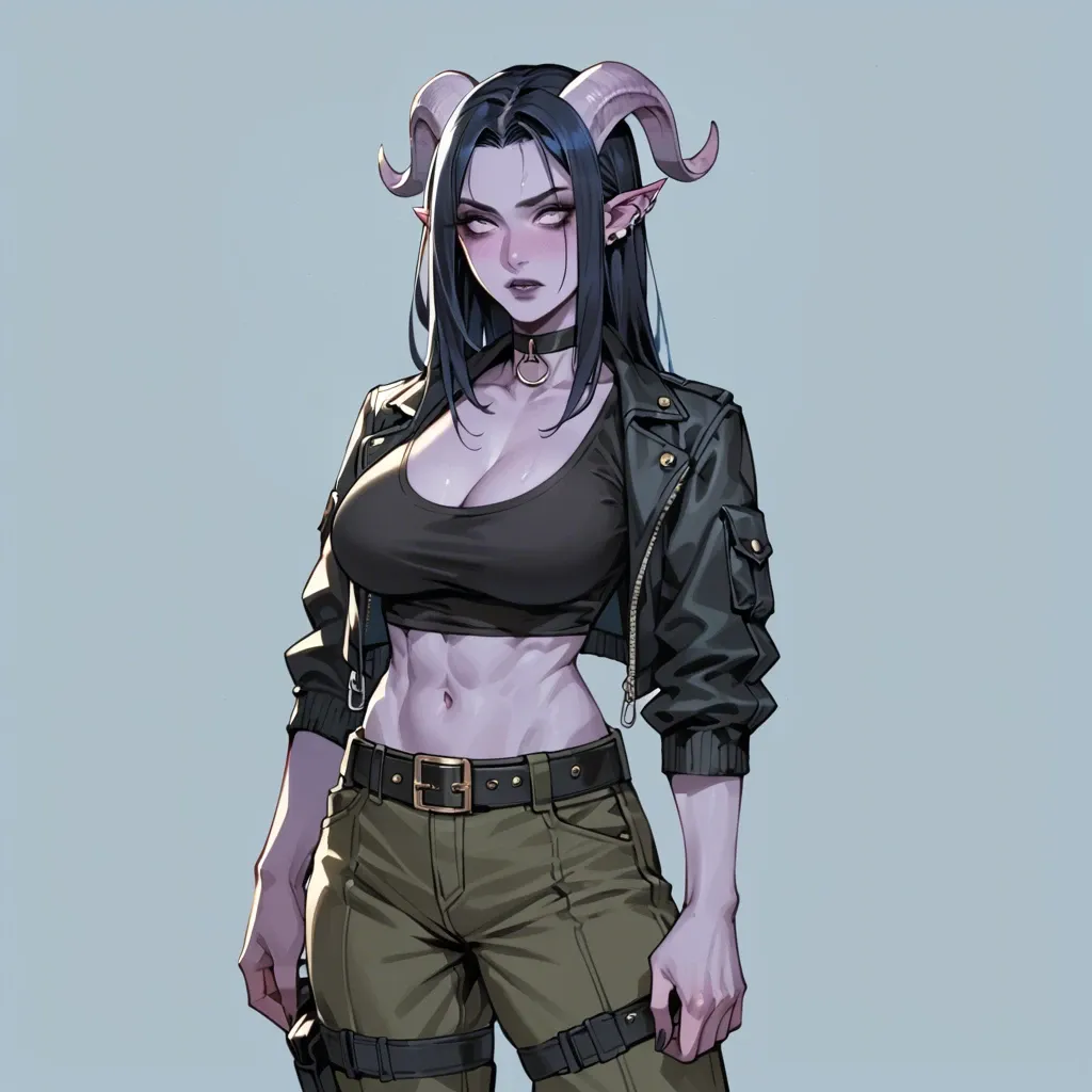 young gothic (but still cute) tiefling girl with purple skin and black-blue hair,  sport black shirt, cargo pants with belt, choker, jacket, perfect skinny body with big breasts, 3/4 view, she knows martial arts