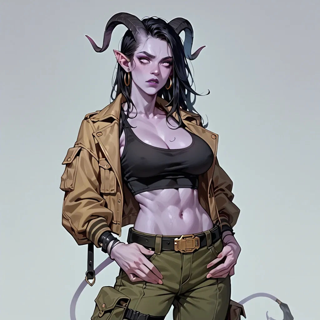 young futuristic tiefling with purple skin, black hair and black horns, skinny body with big breasts. black top, cargo pants with belt, jacket, a bat in the hand