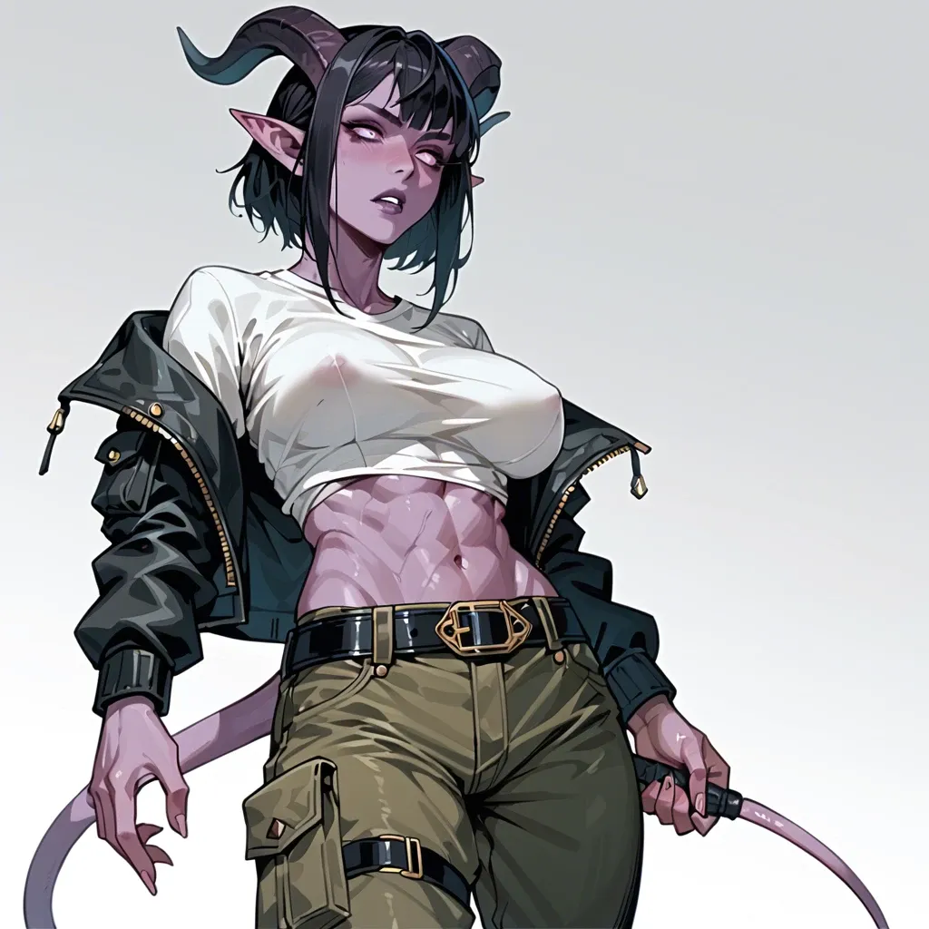 young futuristic tiefling with purple skin, black hair and black horns, skinny body with big breasts. undershirt, cargo pants with belt, jacket