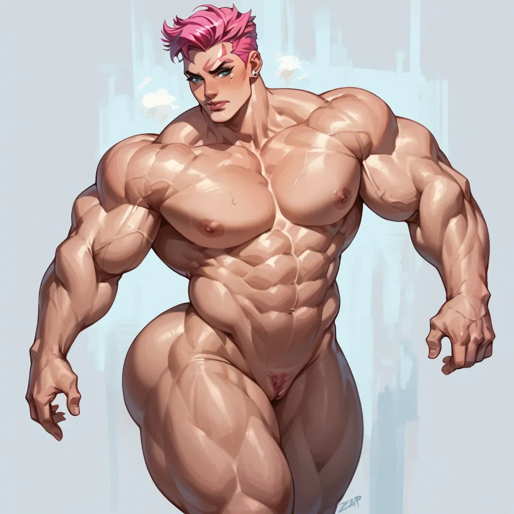 1girl, naked, Zarya, large breasts, wide hips, gigantic ass, muscular thighs, long legs