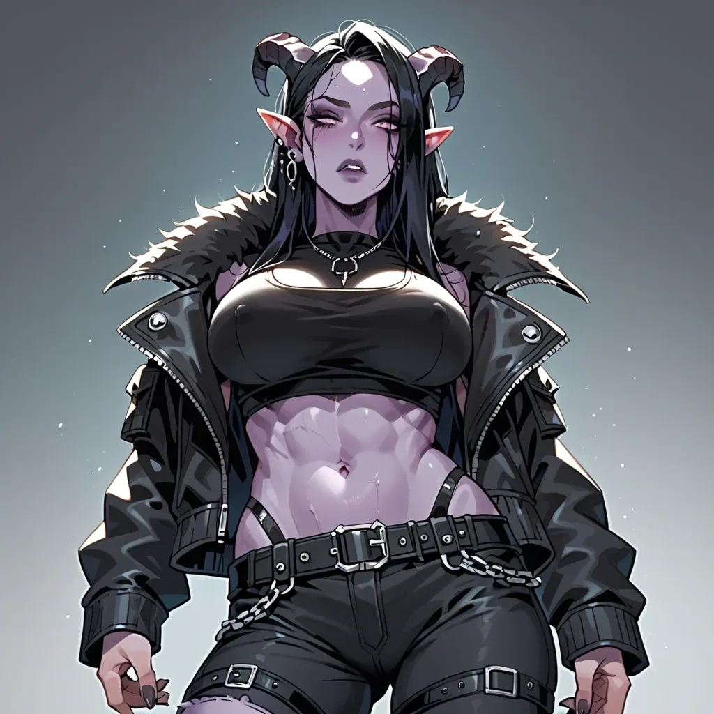 young gothic futuristic tiefling with purple skin, black hair and black horns, skinny body with big breasts. black sport undershirt, cargo pants with belt, jacket, a bat in the hand