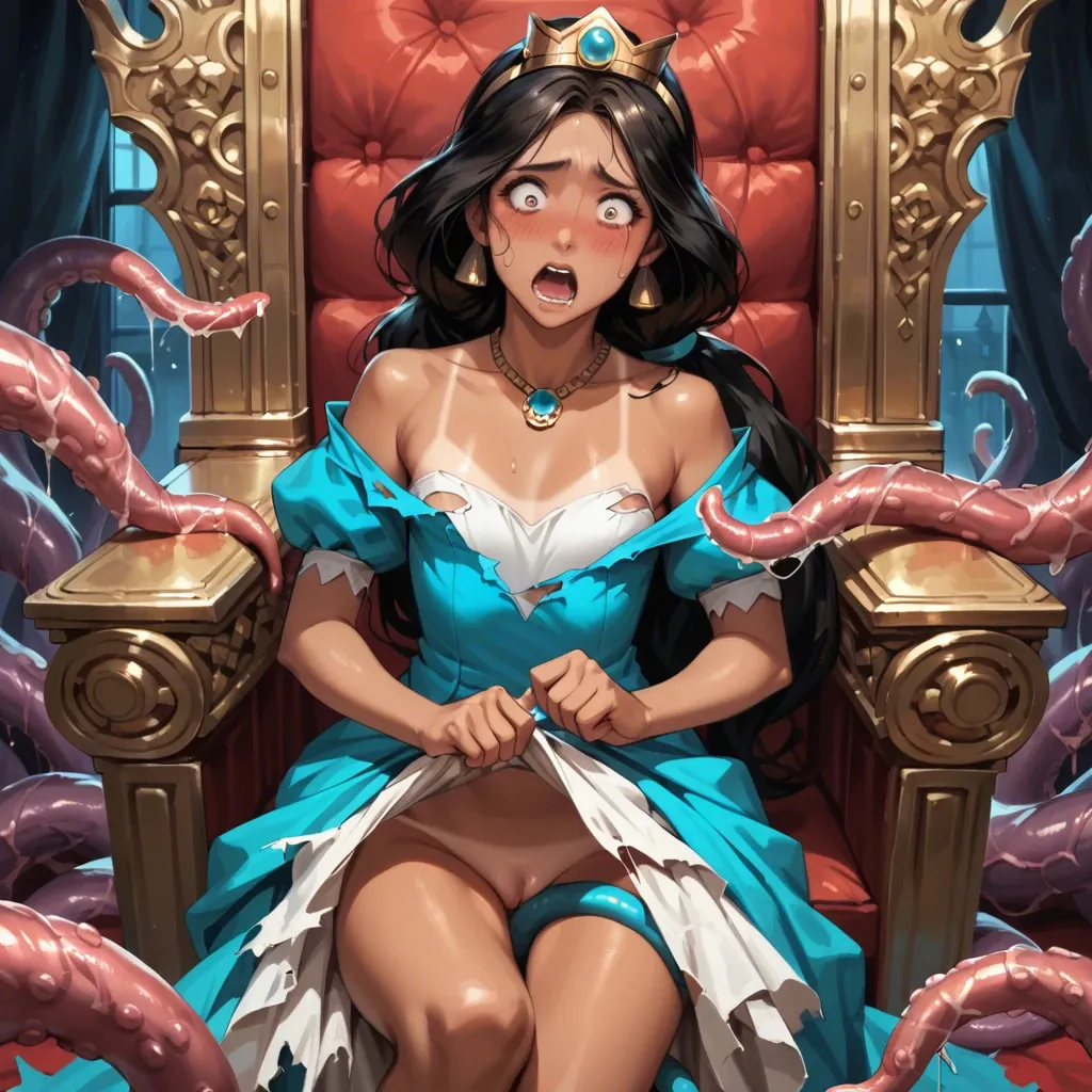 Detailed,Night,royal throne room,princess jasmine, tan lines,flat chest young cute,crown,golden gown,blushing,scared,giant tentacles attacking,torn clothes