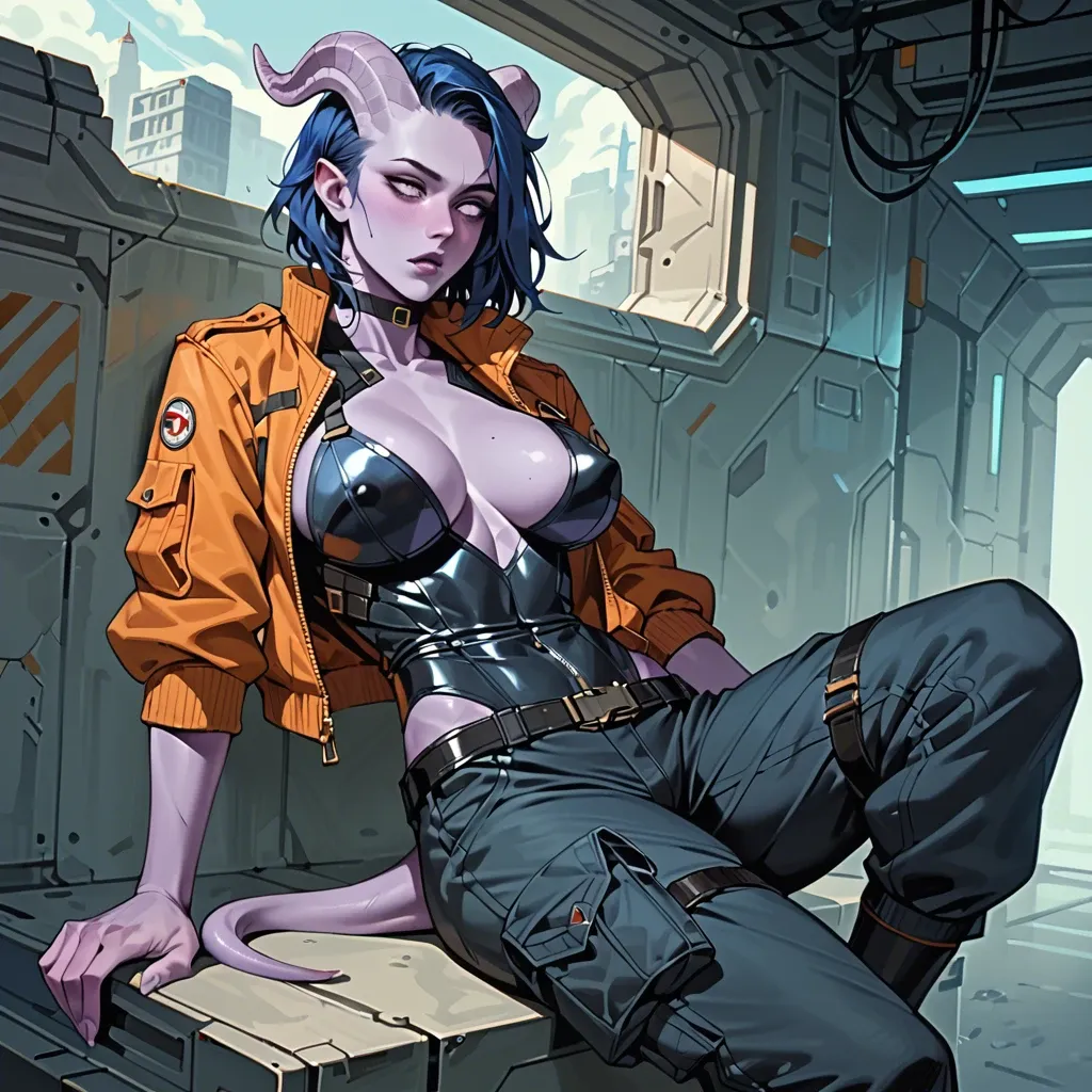 Fully clothed body - She wears futuristic clothes, jumpsuit, futuristic pilot outfit, bomber jacket, cargo pants, belts, black bodysuit under clothing, cargo pants futuristic draenei girl with purple skin, black-blue hair and horns, skinny, big breasts. sitting in spaceship pilot's chair. armed. Fully clothed torso, fully clothed chest