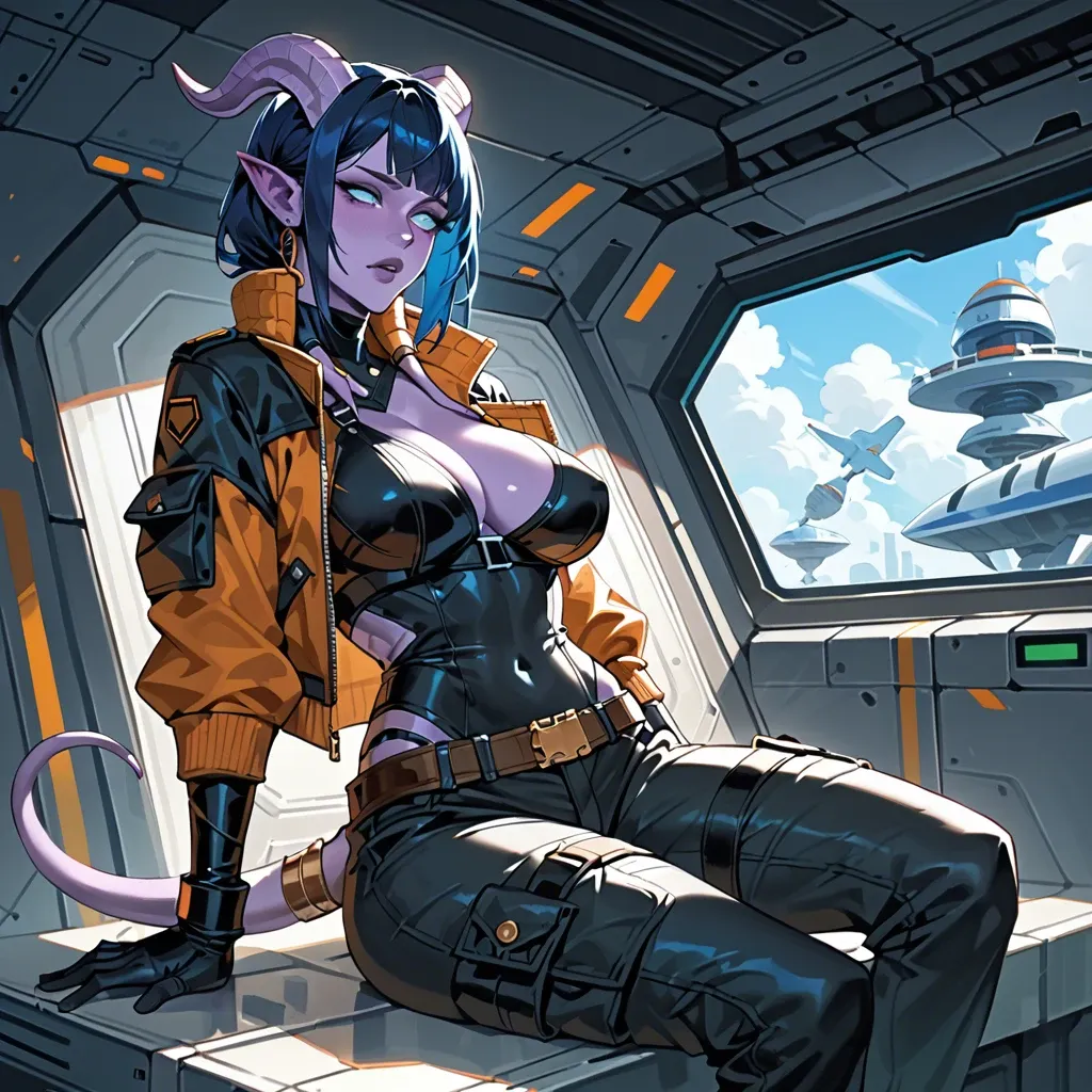 Fully clothed body - She wears futuristic clothes, jumpsuit, futuristic pilot outfit, bomber jacket, cargo pants, belts, black bodysuit under clothing, futuristic draenei girl with purple skin, black-blue hair and horns, skinny, big breasts. sitting in spaceship pilot's chair. armed. Fully clothed torso, fully clothed chest