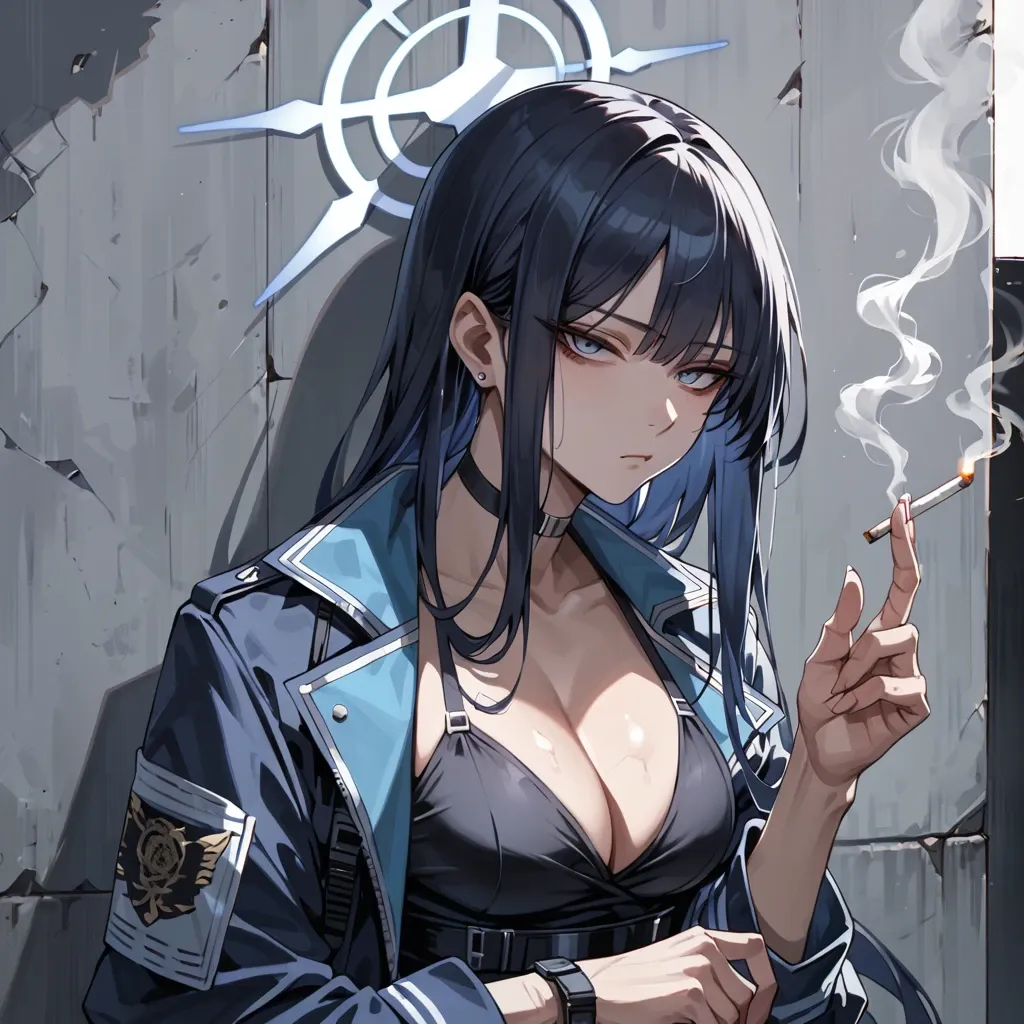 Saori, Blue Archive, leaning against wall, cleavage, expressionless, smoking a cigarette