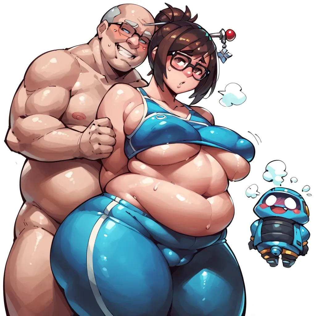 zako (arvinry), aetherion, Arms behind back, Mei (overwatch) glasses, cute, bbw, massive hips, belly rolls, flustered, blushing, white background, fat guy standing off screen, flaccid penis, fully nude, huge nipples, puffy nipples, innie pussy