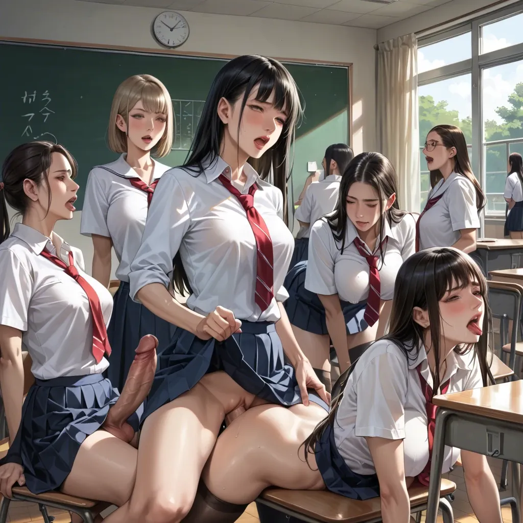 Realistic manga style,Detailed,6+girls with large futanari penis,japanese school uniform,nightmare,they are fucking male teacher.