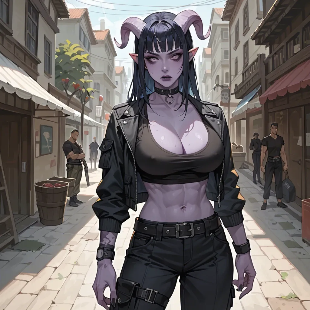 young gothic (but still cute) tiefling girl with purple skin and black-blue hair,  sport black shirt, cargo pants with belt, choker, jacket, perfect skinny body with big breasts, 3/4 view, she know martial arts