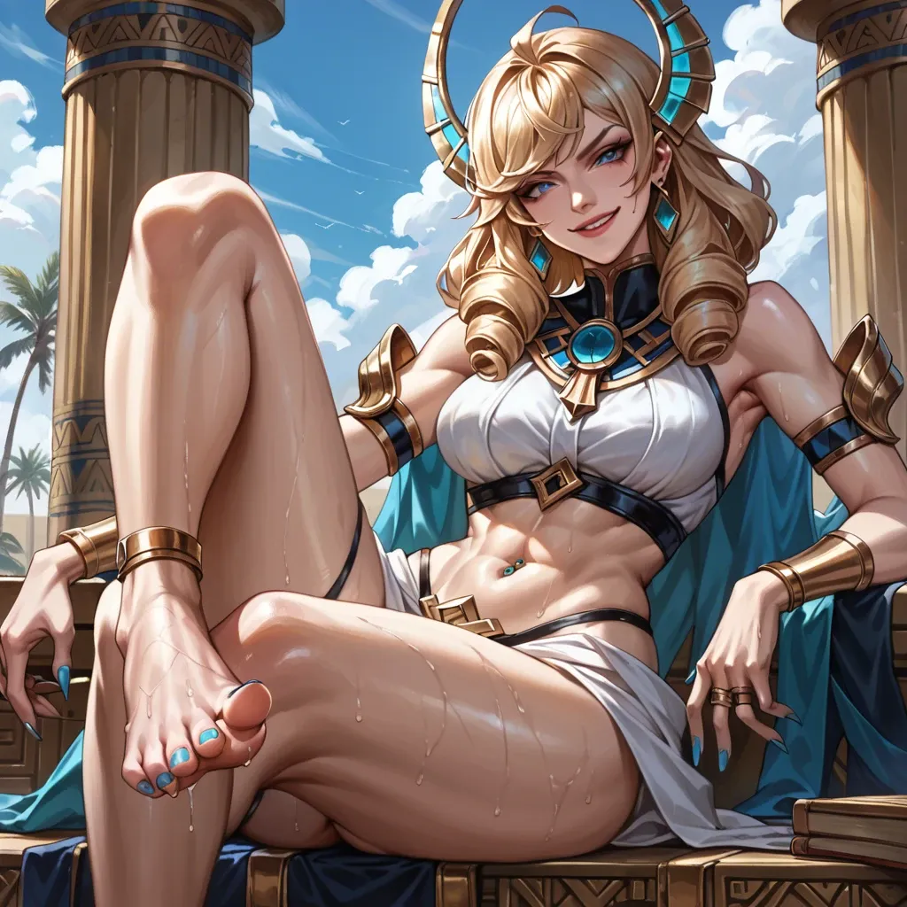 Gwen drill hair league of legends high heals painted toe nails foot fetish foot focus soft smile, gentle smile, seductive eyes, head tilt, Egyptian, anime art style, long legs, thick thighs, sweaty, smirking, navel piercing, athletic, thin waist, foot focus, painted toenails, feet, nude, standing, high heels, knee up, foot fetish, anklet, jewellery,