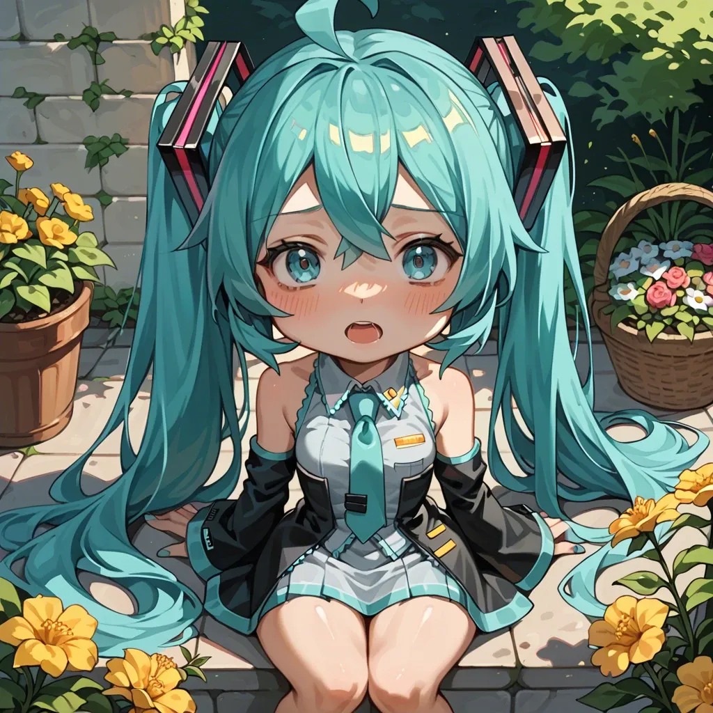 Hatsune Miku, chibi, petite, full dressed, candy expression, garden with flowers