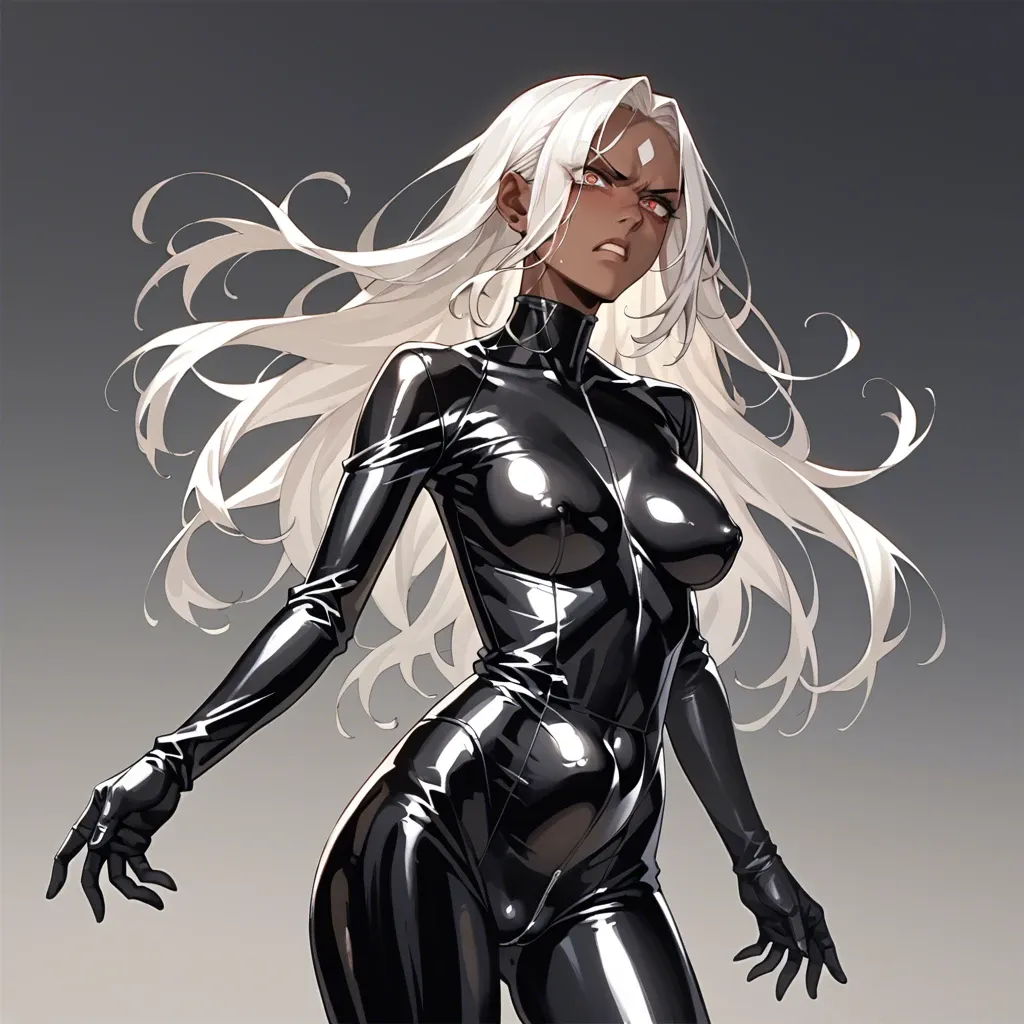 1girl, solo, (Character horikita), (perfect face: 1,2), beautiful eyes, white hair,The forehead is open, (dark skin: 1,2), angry, latex, big stomach bulge, all in a black latex suit, hands shackled