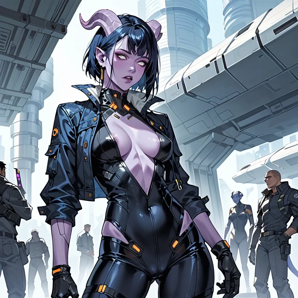 futuristic draenei girl with purple skin, black-blue hair and horns, skinny. fully clothed body, futuristic clothes, bodysuit, buttoned up jacket, Spaceship setting