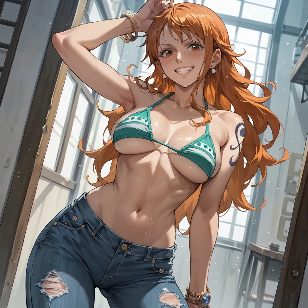 nami one piece, normal bikini, jeans pants, standing, posing, blush, happy expression, high quality, good lighting