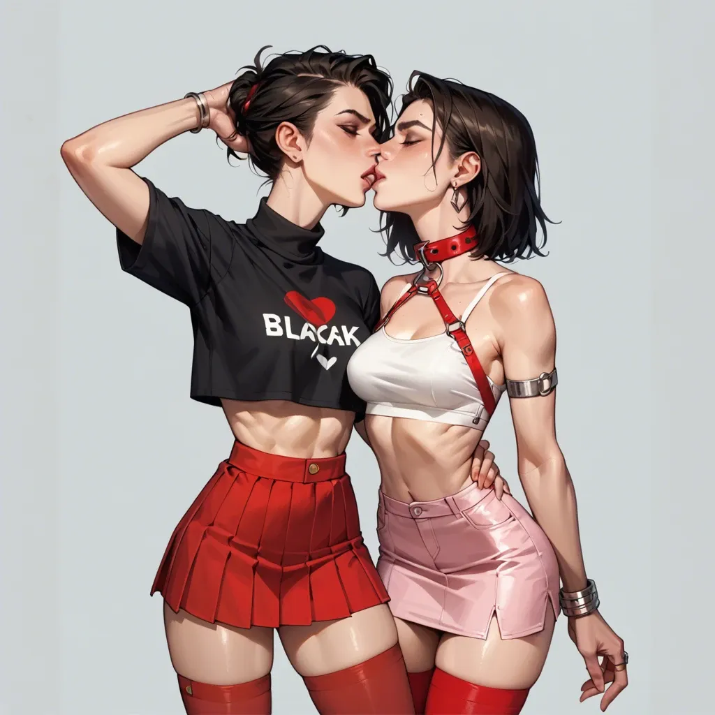 2girl, , , , strong jawline,thigh highs,medium boobs,backward,kissing neck, nose,arm ring,perky breasts,bent at waist,turtleneck, crop top,red stockings,linked collars,mini skirt bra,high heels, wedding dress,gold necklace,suspenders,pink panties,ballet shoes, in a gym, dark alley, spaceship, fucked in bed, male on sofa, ayanami rei