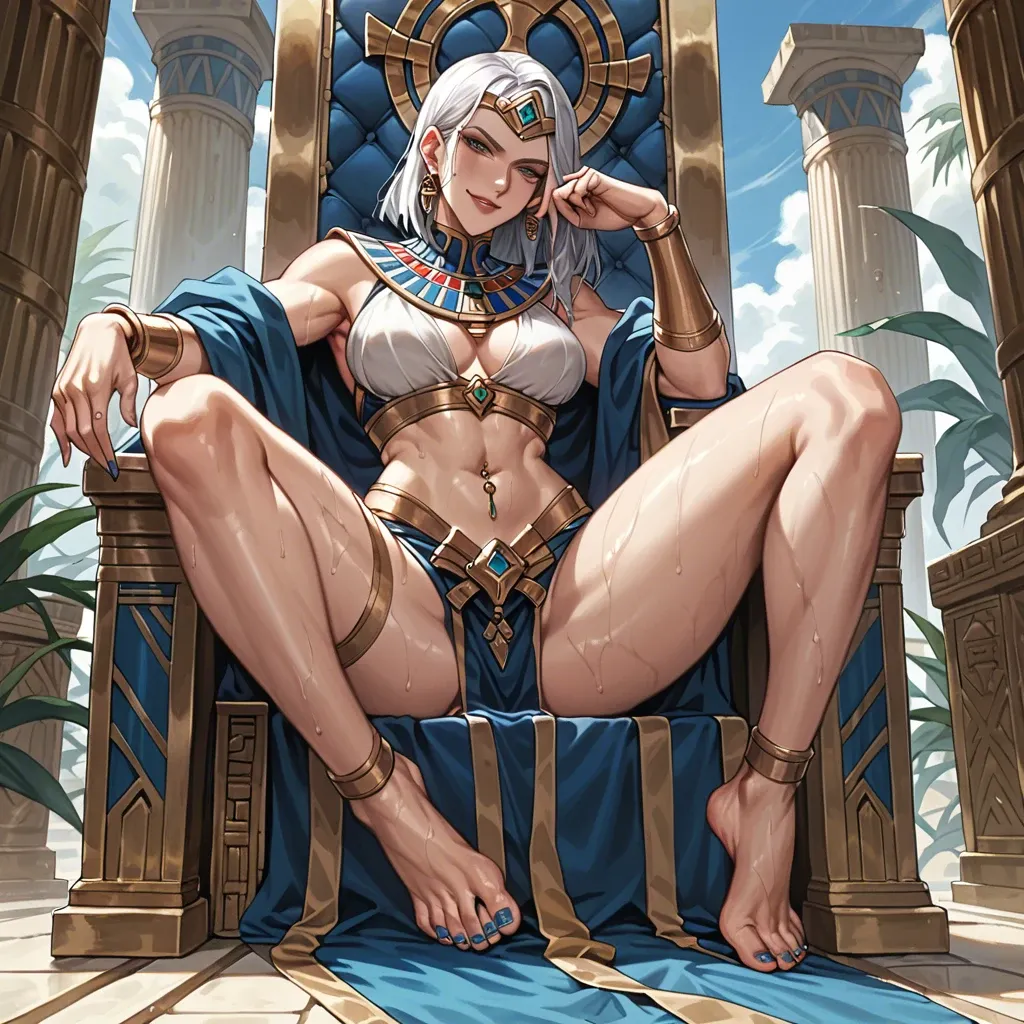 Ashe league of legends, soft smile,throne,  gentle smile, seductive eyes, head tilt, Egyptian, anime art style, long legs, thick thighs, sweaty, smirking, navel piercing, athletic, thin waist, foot focus, painted toenails, feet, nude, standing, high heels, knee up, foot fetish, anklet, jewellery,