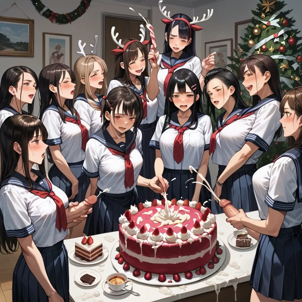 Deformed kawaii manga style,Detailed,6+girls with large futanari penis,japanese school uniform,nightmare,they are cumming  to Christmas cake .