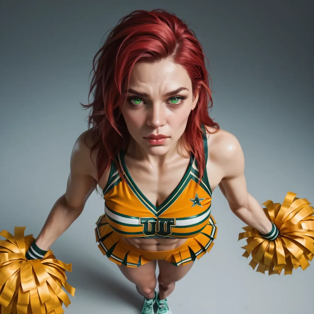 Anthro bulldog, humanoide, Teen young Female, petite torso, skinny toothpick legs, Realistic 3d artstyle, long straight red hair,  green eyes, face closeup, viewer pov, top angle view, wearing chicago bulls cheerleader outfit, standing, skimpy