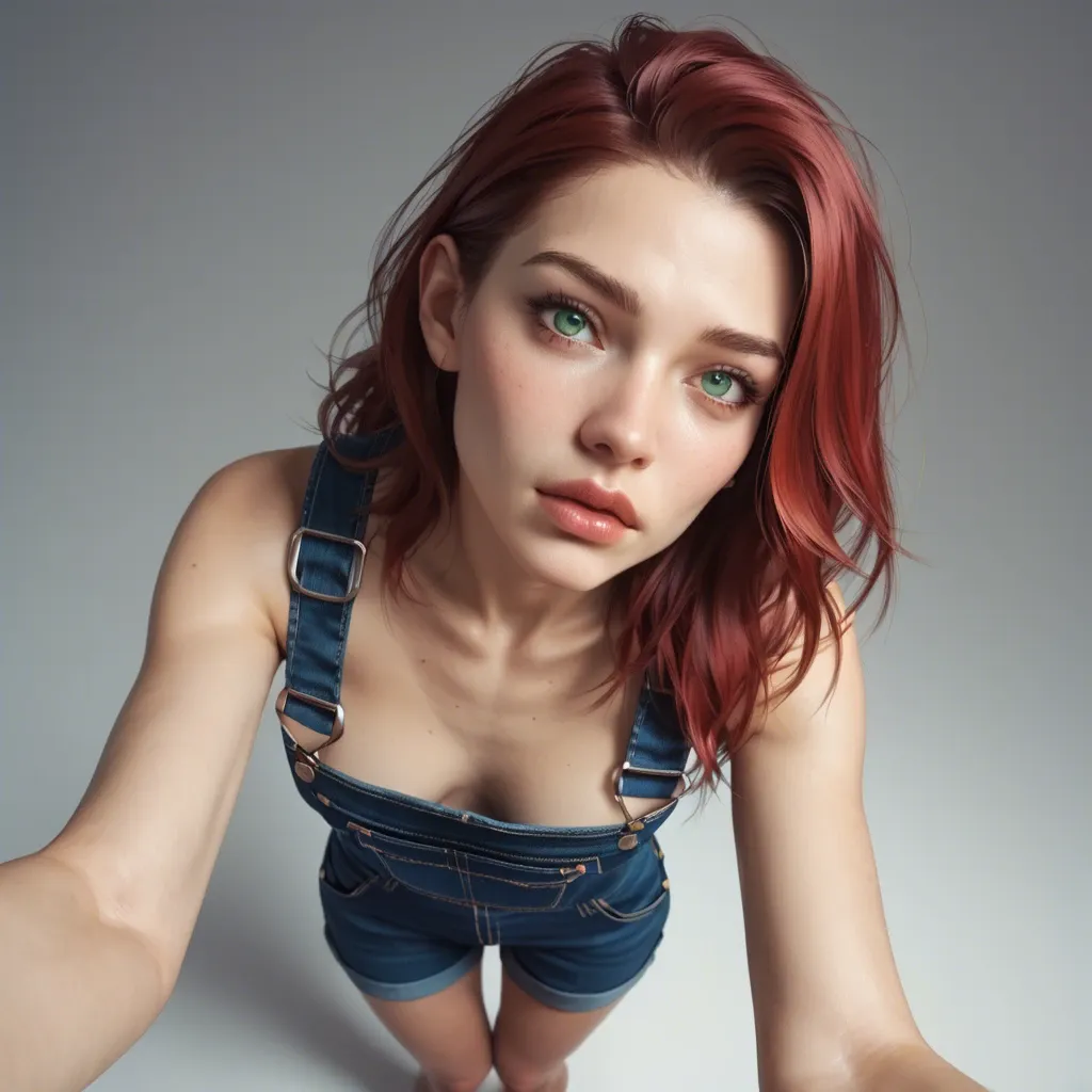 Teen young Female, petite torso, skinny toothpick legs, Realistic 3d artstyle, long straight red hair,  green eyes, face closeup, viewer pov, top angle view, wearing overalls, cowgirl, standing, skimpy